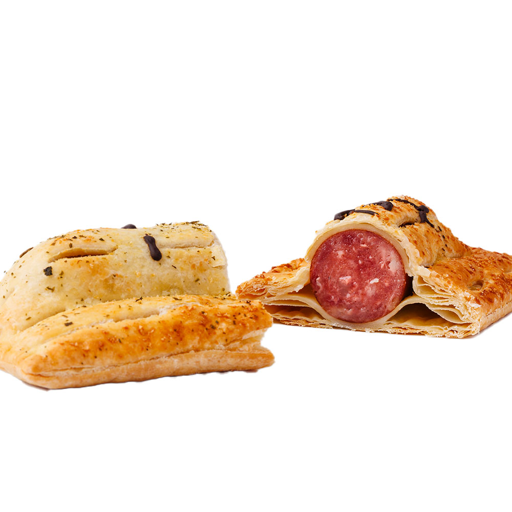 Close-up of a single Pie Face Beef Kransky roll, showing the puff pastry, seasoning, and a small decorative dark line